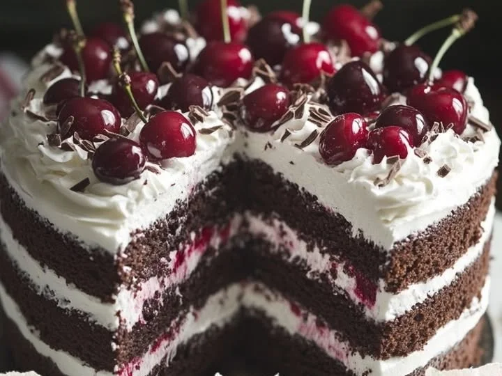 Delicious German Black Forest Cake topped with cherries and whipped cream
