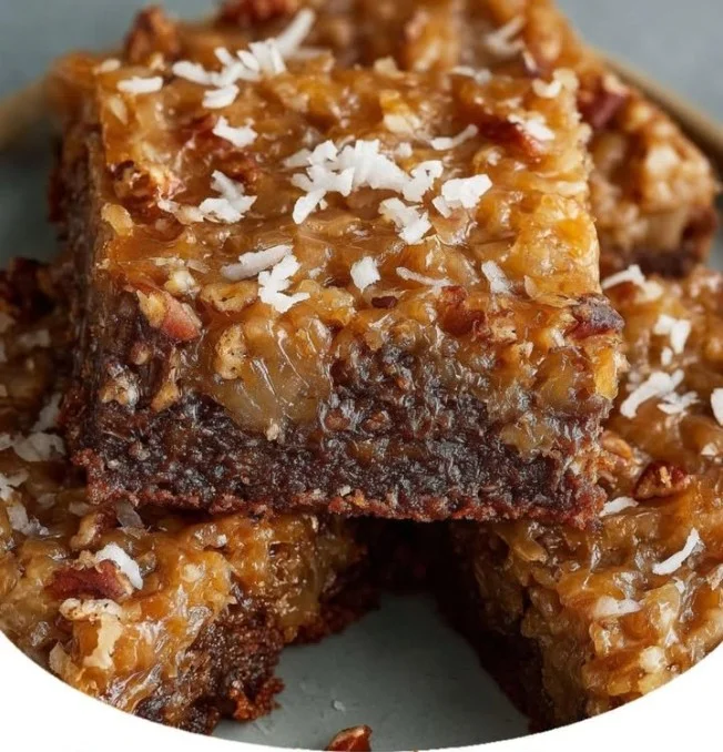 Delicious German chocolate pecan brownies on a plate