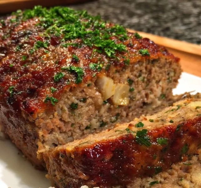 German Meatloaf also known as False Hare served on a plate with herbs