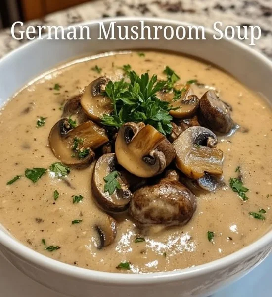 Bowl of German mushroom soup with mushrooms and cream garnishing