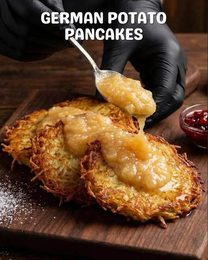 Delicious German potato pancakes served with sour cream and herbs.