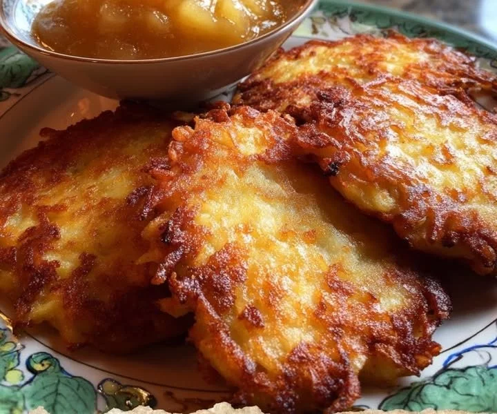 Crispy German potato pancakes served with sour cream and applesauce
