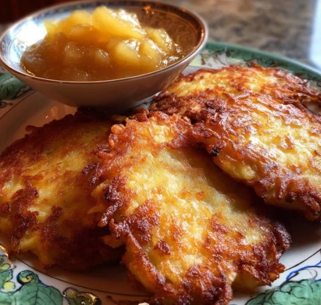 Crispy German potato pancakes garnished with applesauce and herbs