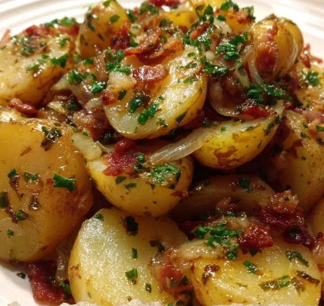 Delicious homemade German Potato Salad with bacon and onions