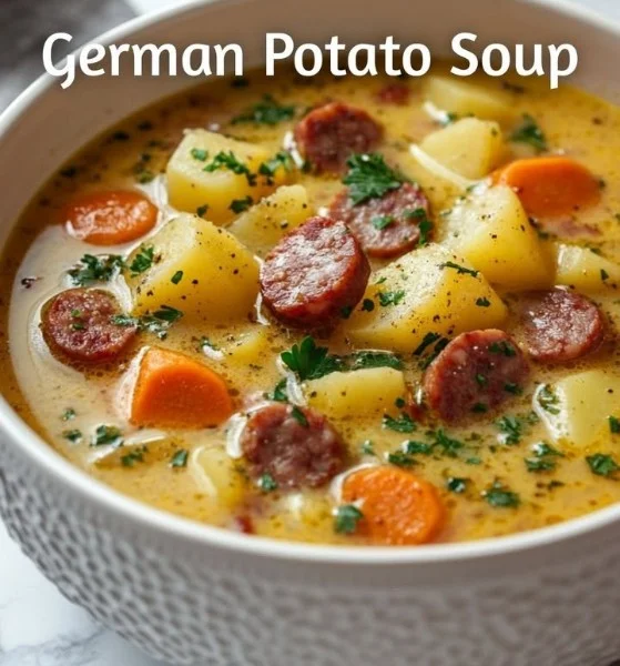 A bowl of warm German Potato Soup topped with herbs and spices.