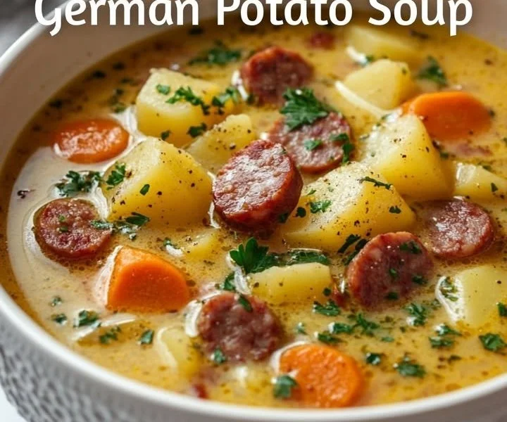 Bowl of German Potato Soup topped with herbs and crispy bacon
