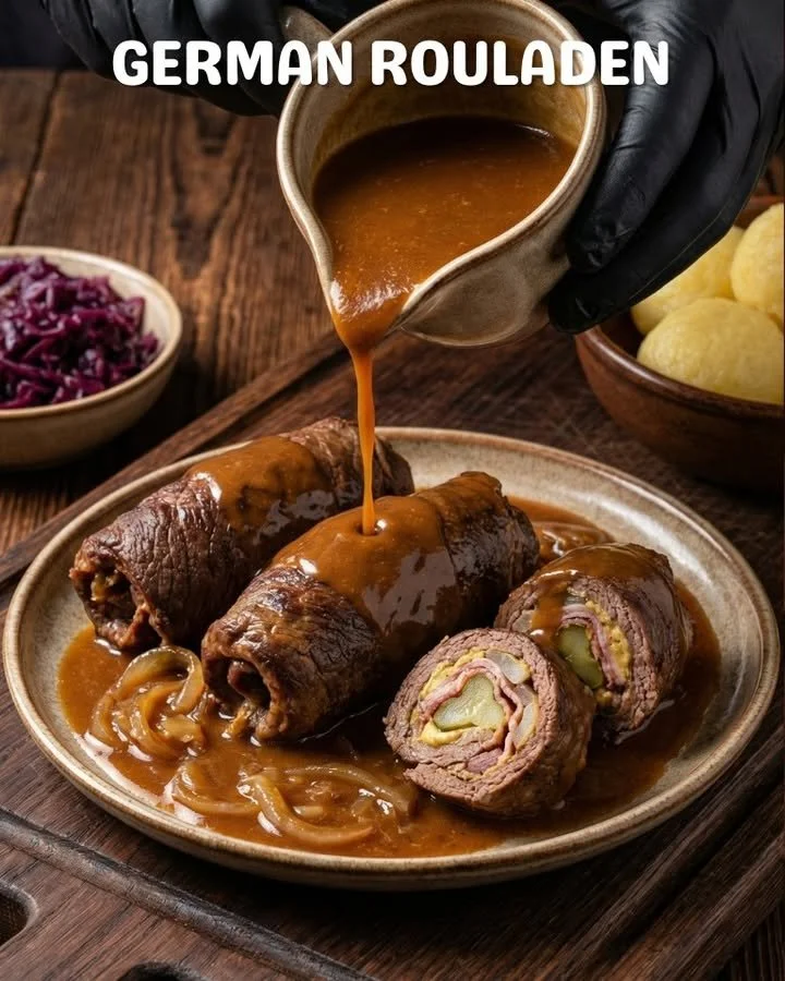 Delicious German Roulade with savory beef filling, garnished with herbs.