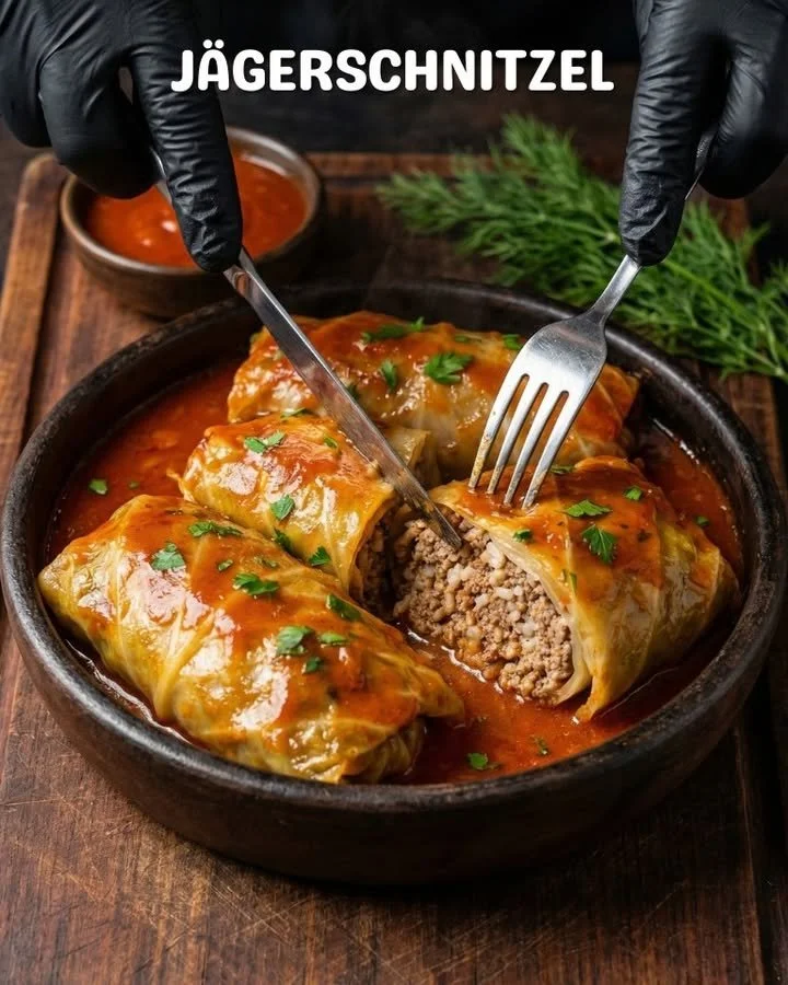 German stuffed cabbage rolls filled with meat and rice, served on a plate.