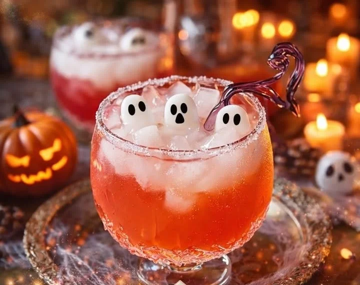 Spooky Ghostly Halloween Punch in a decorative glass with Halloween-themed garnishes.