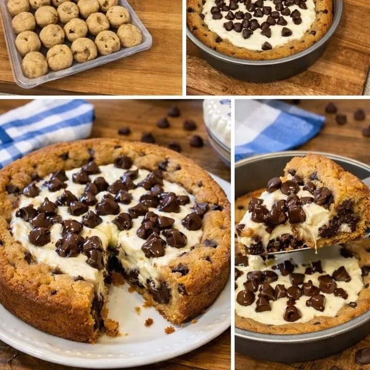 Giant cheesecake cookie cake topped with fresh berries and whipped cream