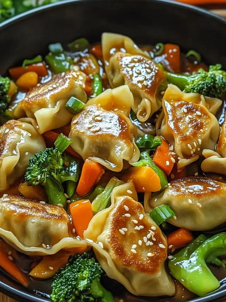Golden pan-seared dumplings with colorful vegetables in sweet soy ginger glaze