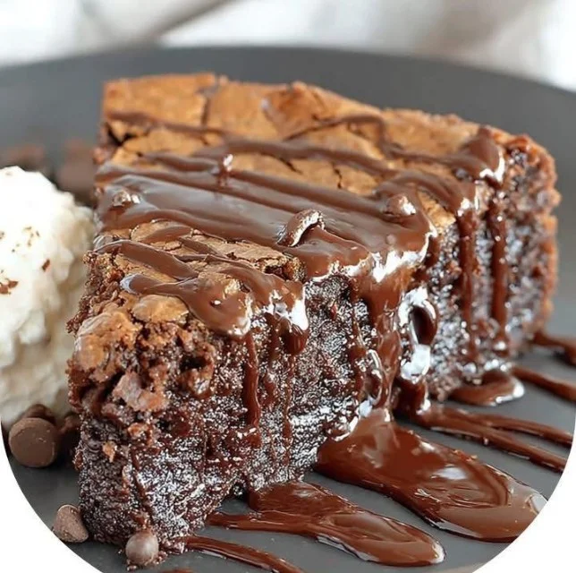 Gooey brownie pie with chocolate drizzle on a rustic table
