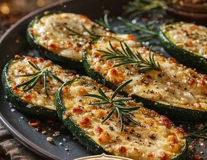 Gourmet garlic zucchini steaks topped with cheese, a delicious vegetarian dish.