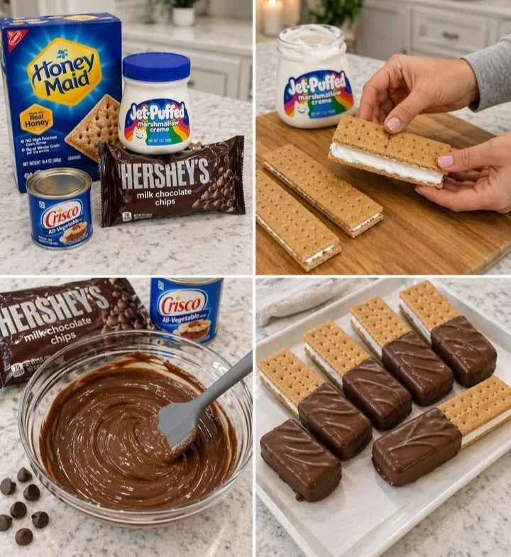 Graham cracker s'mores dipped in chocolate with marshmallows and chocolate bar