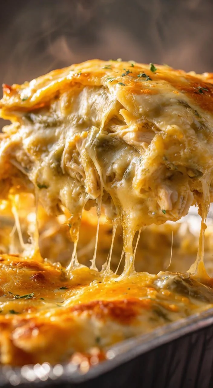 Green Chile Chicken Enchilada Casserole topped with melted cheese and green chiles.