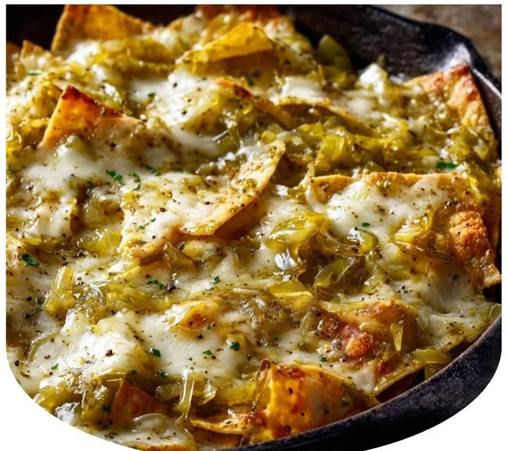 Delicious Green Chile & Extra Cheese Chilaquiles served in a bowl.