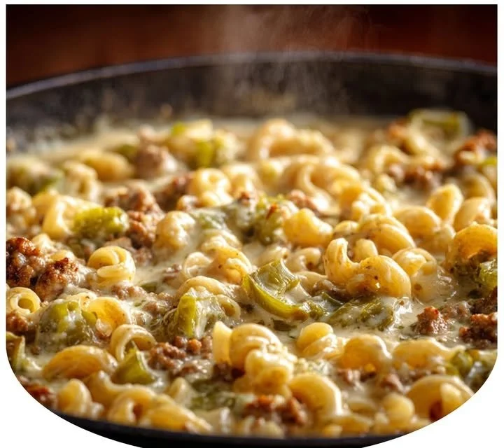 Delicious Green Chile Hamburger with Hamburger Helper mix on a plate