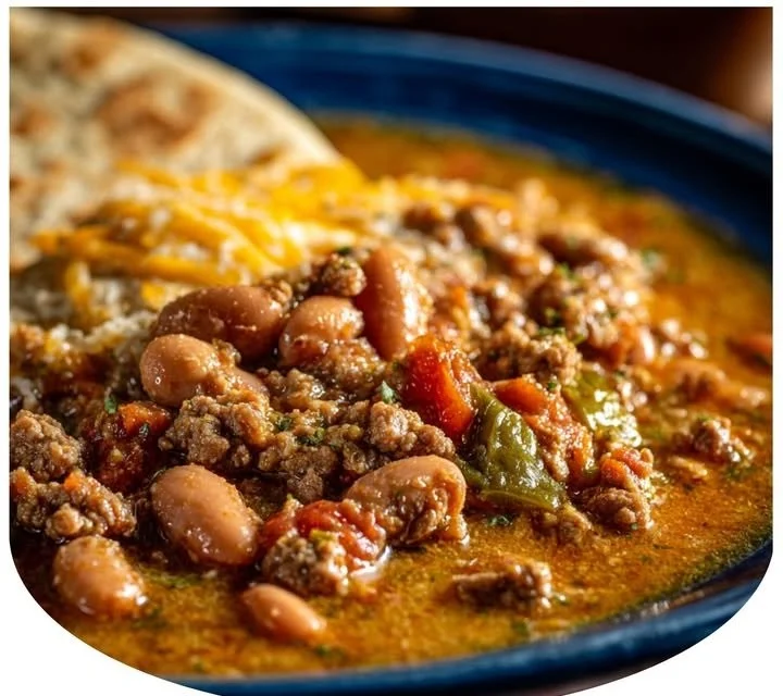 Bowl of Green Chile Picadillo and pinto beans served with fresh herbs.