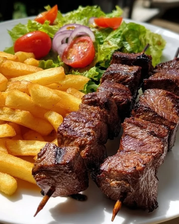 Grilled beef skewers served with crispy fries and a fresh salad on a plate