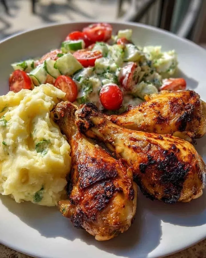 Plate of grilled chicken drumsticks with creamy cucumber salad and mashed potatoes