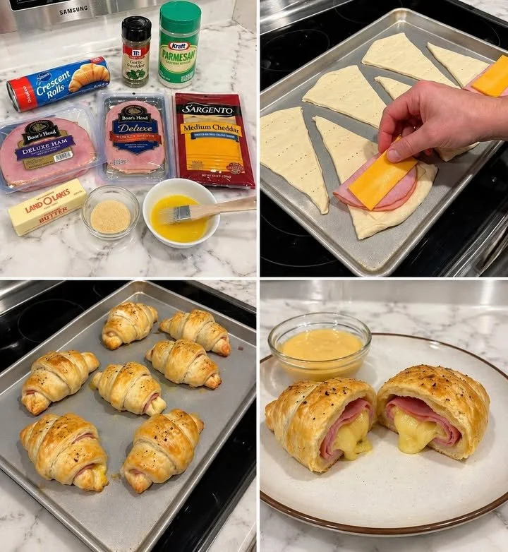 Freshly baked ham and cheese croissants on a rustic table