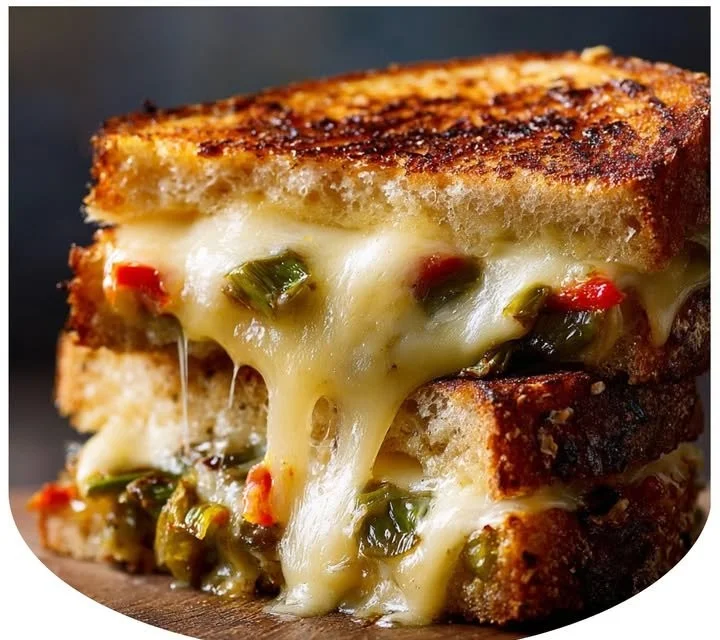 Hatch Chile Stuffed Grilled Cheese sandwich with melted cheese and green chiles