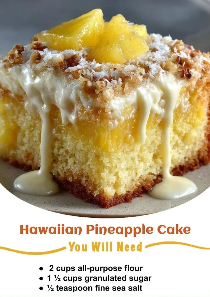 Delicious Hawaiian Pineapple Cake topped with fresh pineapple slices.