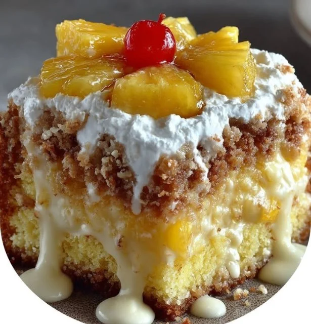 Hawaiian Pineapple Cake Delight topped with fresh pineapple slices and coconut