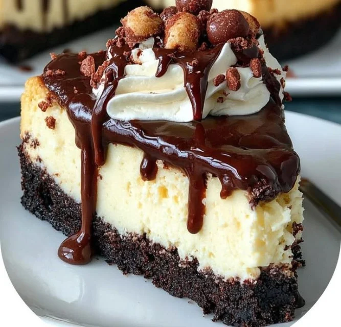 Heavenly Hot Fudge Sundae Brownie Cheesecake with chocolate sauce and whipped cream