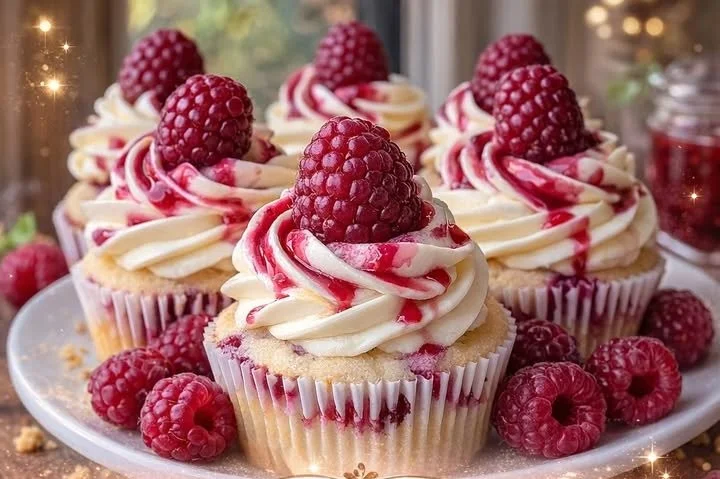 Delicious raspberry cheesecake cupcakes topped with fresh raspberries.