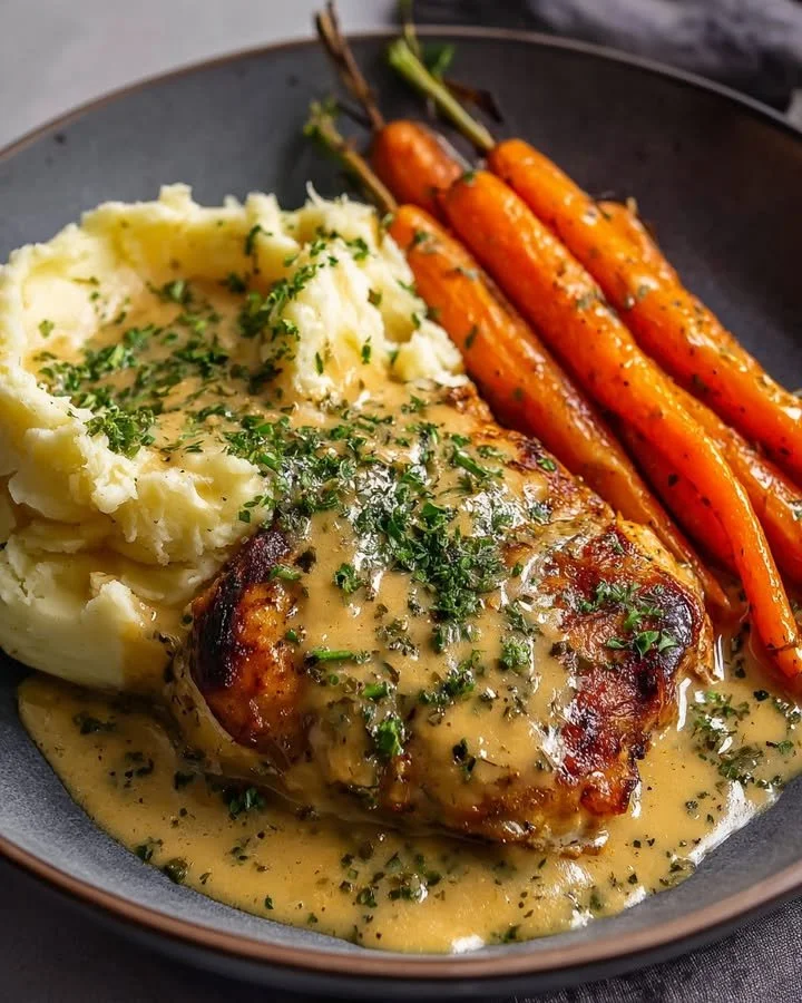 Plate of Herb Gravy Chicken with mashed potatoes and glazed carrots