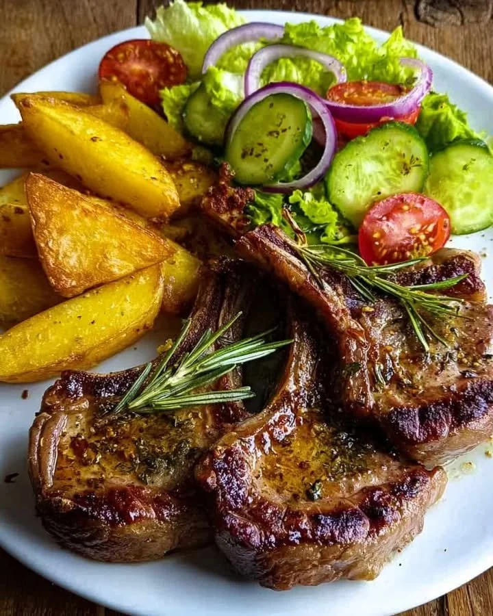 Herb-grilled lamb chops served with golden potato wedges and fresh cucumber salad.