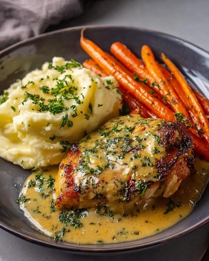 Delicious herb-roasted chicken thighs with creamy garlic sauce, mashed potatoes, and glazed carrots.