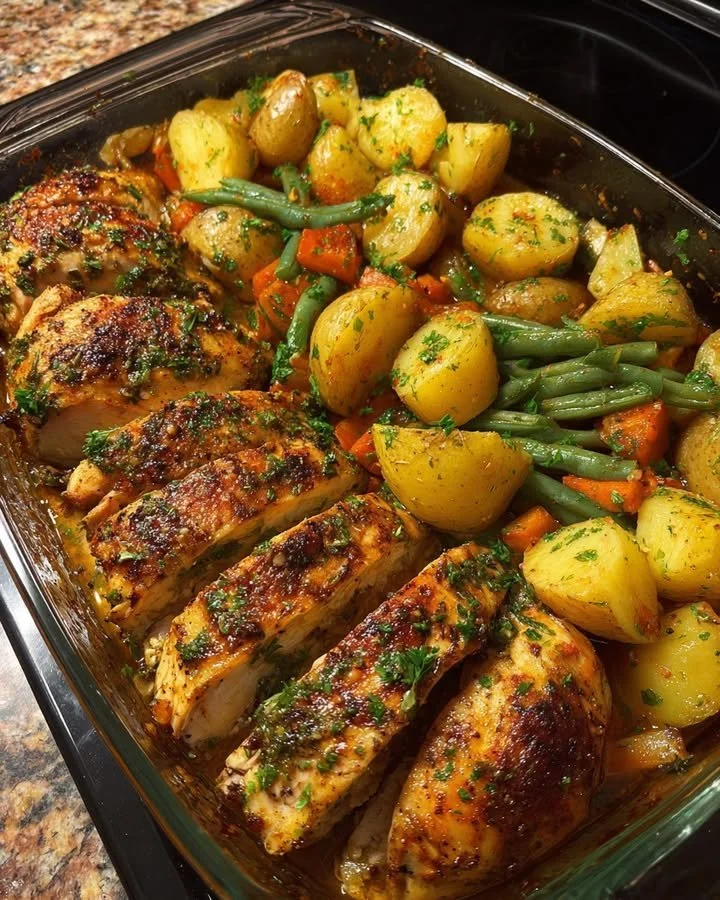 Herb-roasted chicken with garlic potatoes and colorful vegetables on a plate.