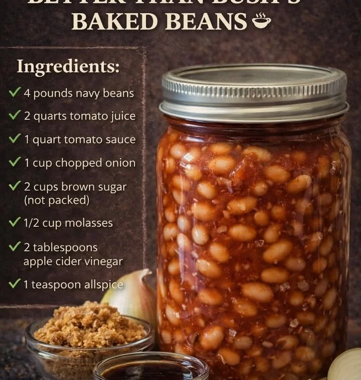 Homemade canned beans in jars, better than store-bought Bush's baked beans.