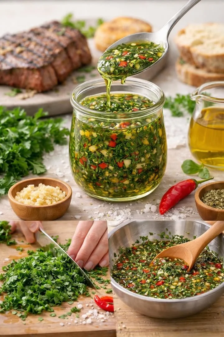 Bowl of homemade chimichurri sauce garnished with herbs and garlic