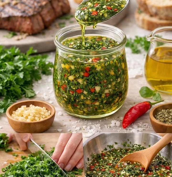 Bowl of homemade chimichurri sauce with fresh herbs