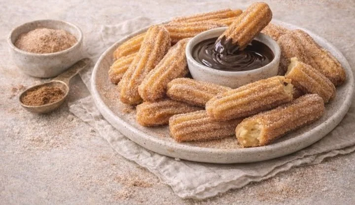 Delicious homemade churros dusted with cinnamon sugar on a plate