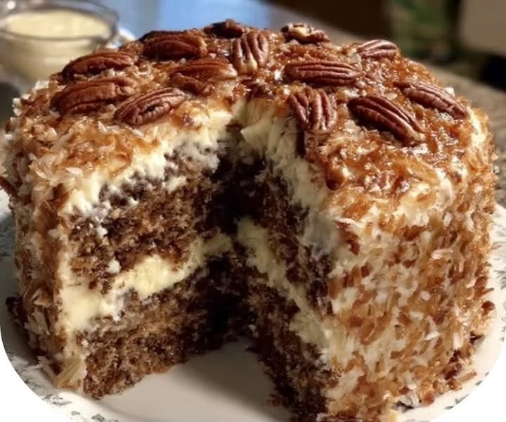 Homemade German Chocolate Cake topped with coconut and pecan frosting