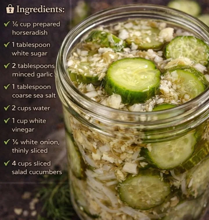 Jar of homemade horseradish pickles with fresh ingredients