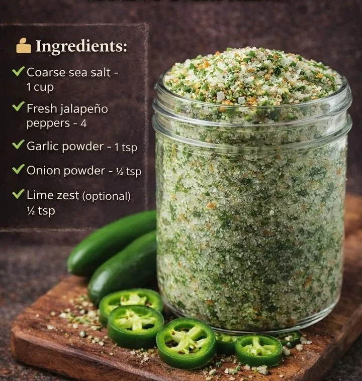 Homemade jalapeño salt in a glass jar with fresh jalapeños
