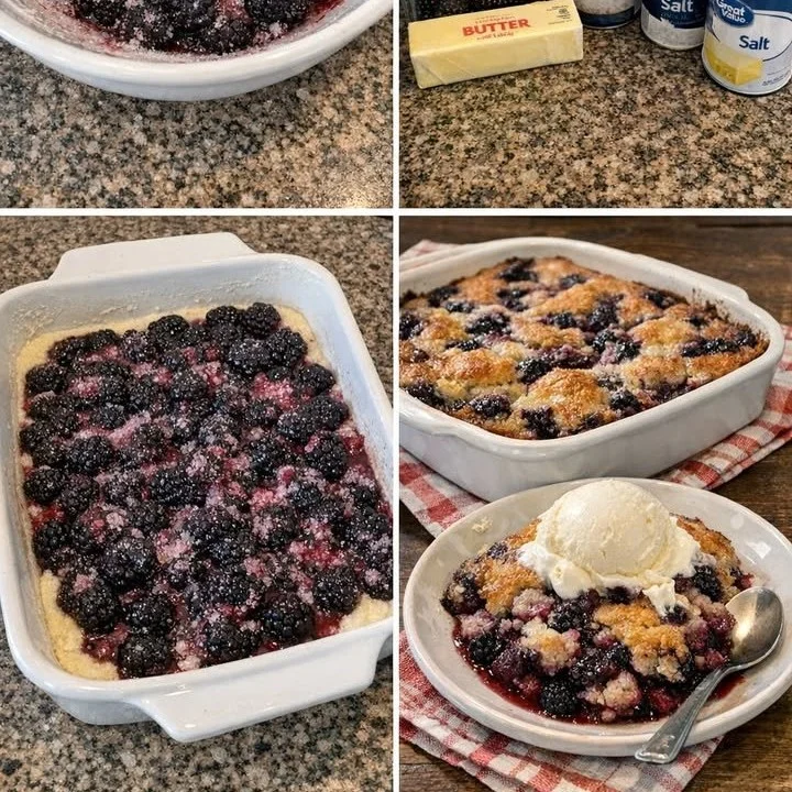 Delicious homemade Kentucky Blackberry Cobbler served with whipped cream.