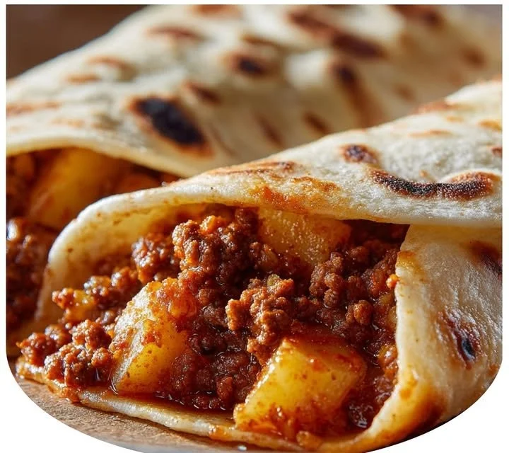 Plate of homemade picadillo served with warm flour tortillas