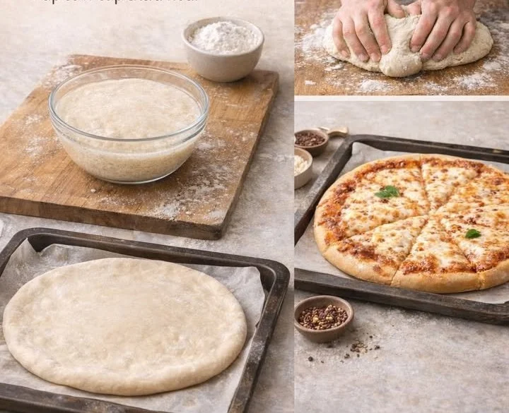 Homemade pizza with fresh toppings and golden crust on a wooden board