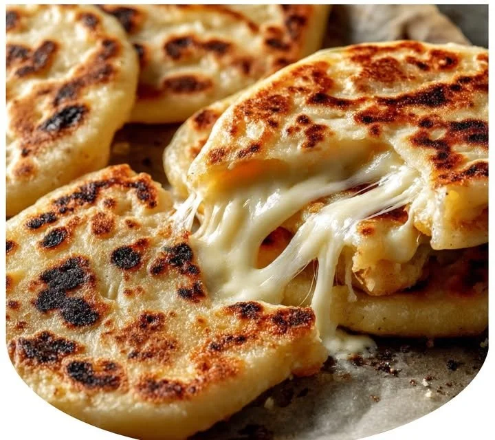 Homemade pupusas, Salvadoran stuffed flatbreads filled with cheese and beans.