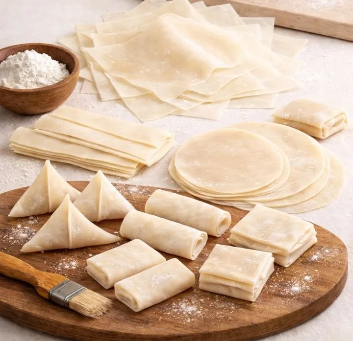 Homemade samosa sheets ready for filling and frying.