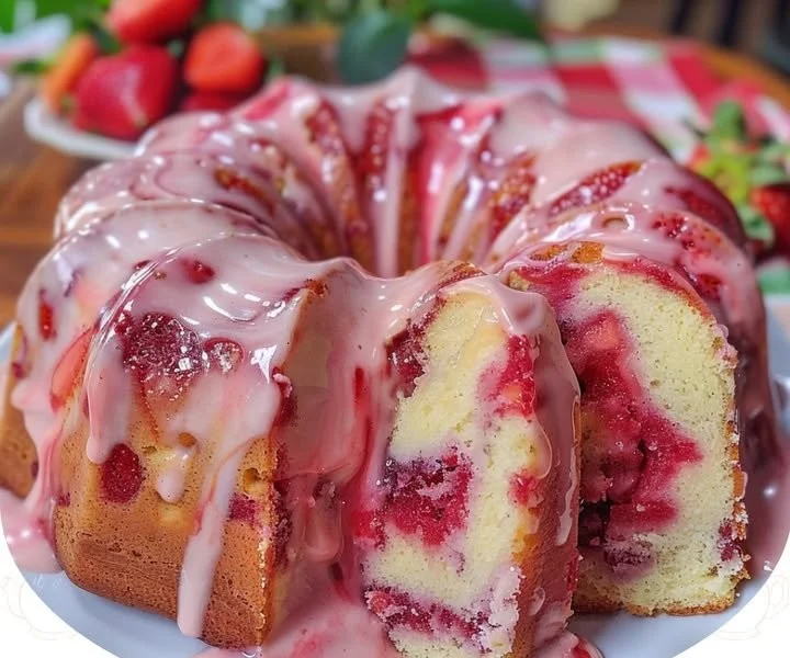 Homemade strawberry cream cheese pound cake slice on a plate