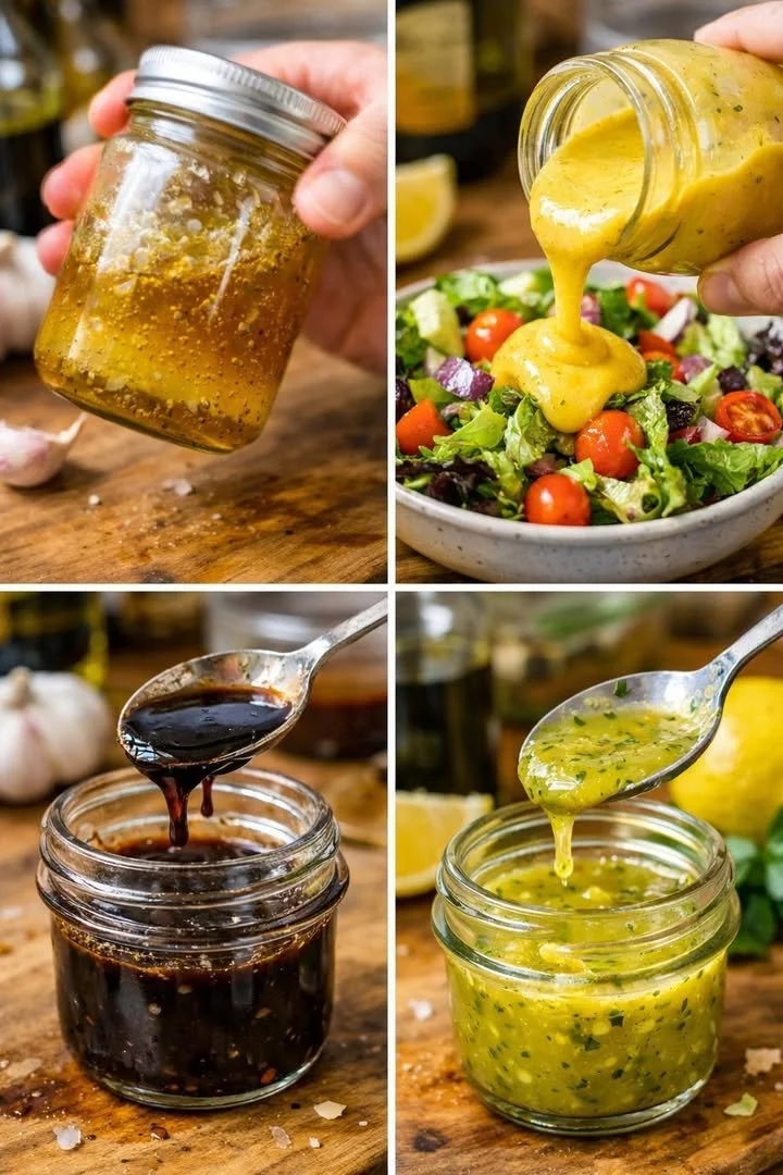 A variety of homemade vinaigrettes in glass jars