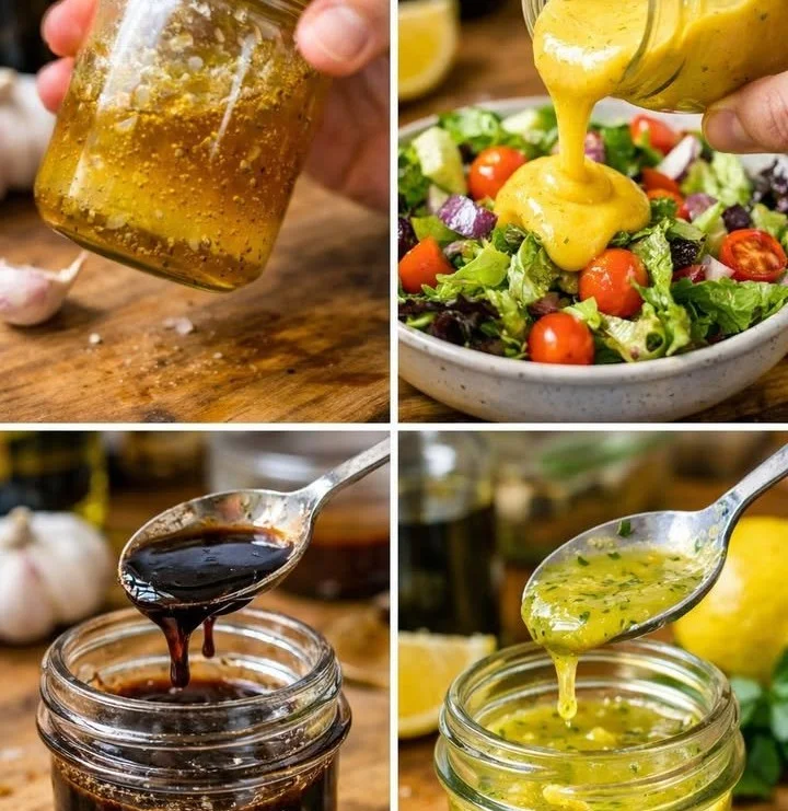 A variety of homemade vinaigrettes in jars, ready for salads and marinades.
