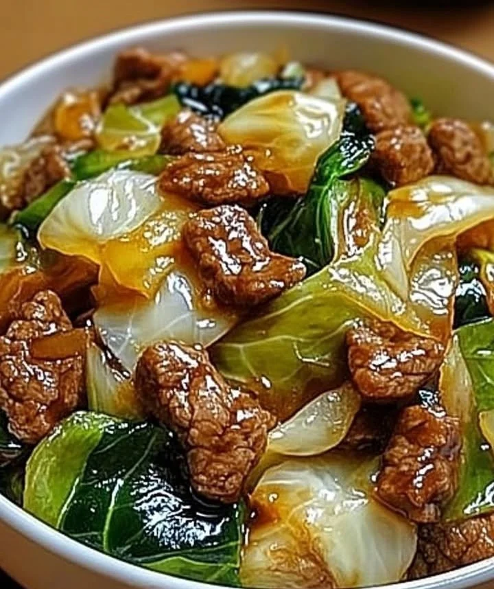 Homestyle Garlic Beef Stir-Fry with tender cabbage in a skillet
